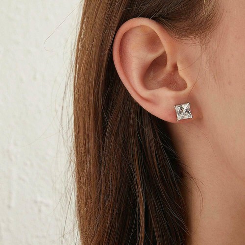 Royal Princess Diamond Cut Stainless Steel Square Austrian Crystal Stud Earrings - Picture 10 of 12