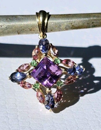 Pendant 10K Yellow Gold Starburst Kite Square Amethyst, Peridot, Iolite, Topaz - Picture 2 of 15