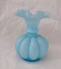 Vintage Fenton Blue Overlay Glass Melon Vase Ruffled Edge 5 3/4"