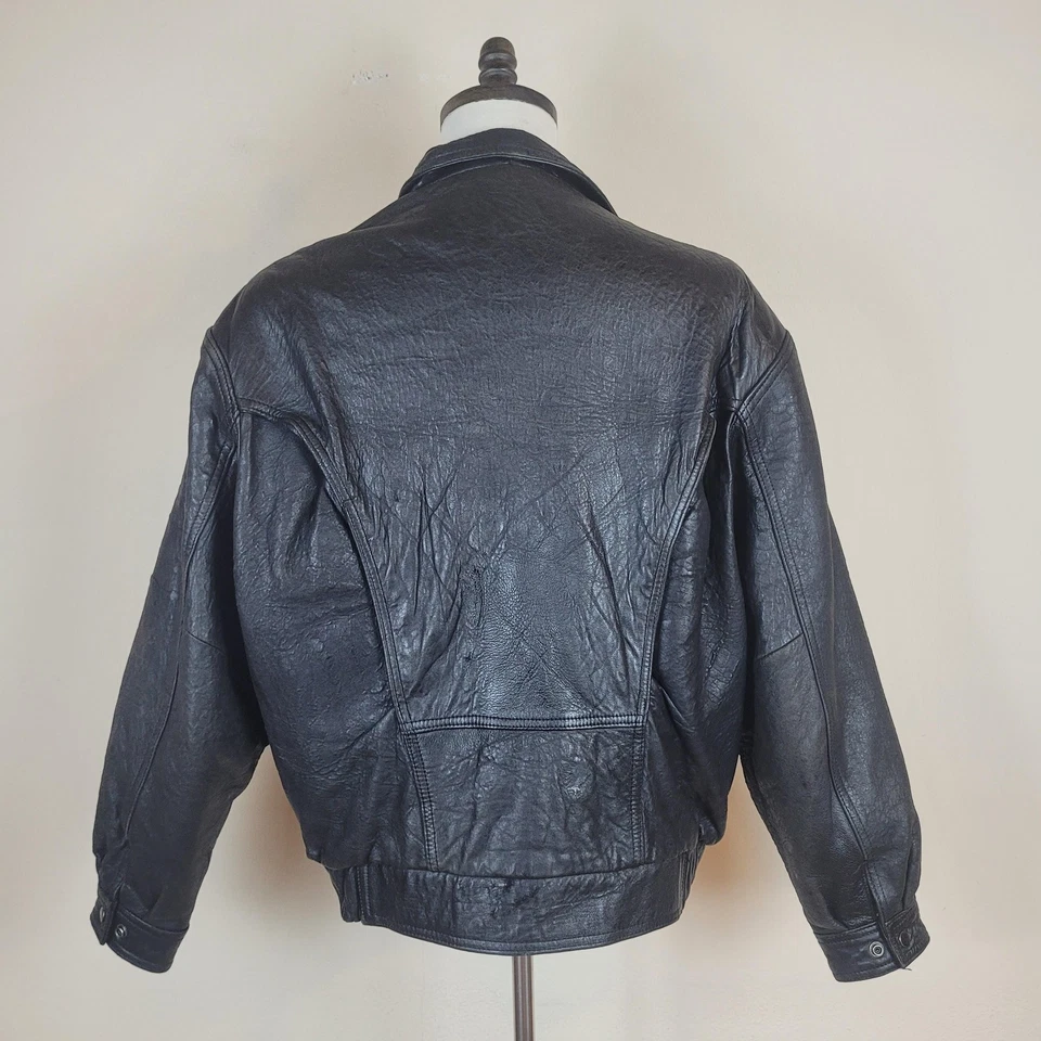Chaqueta de Cuero Winlit Grande Negra De Colección Motociclista Bombardero Asimétrico Años 90 Foto 3 de 4