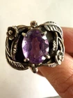 Vintage Floral Oxidized Sterling (?) Silver Amethyst Ring - Size 6.75 - Stamped