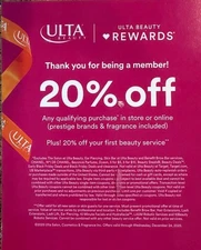 ULTA Coupon 20% OFF Instore Online + 20% OFF First Beauty Service exp. 12/24/25