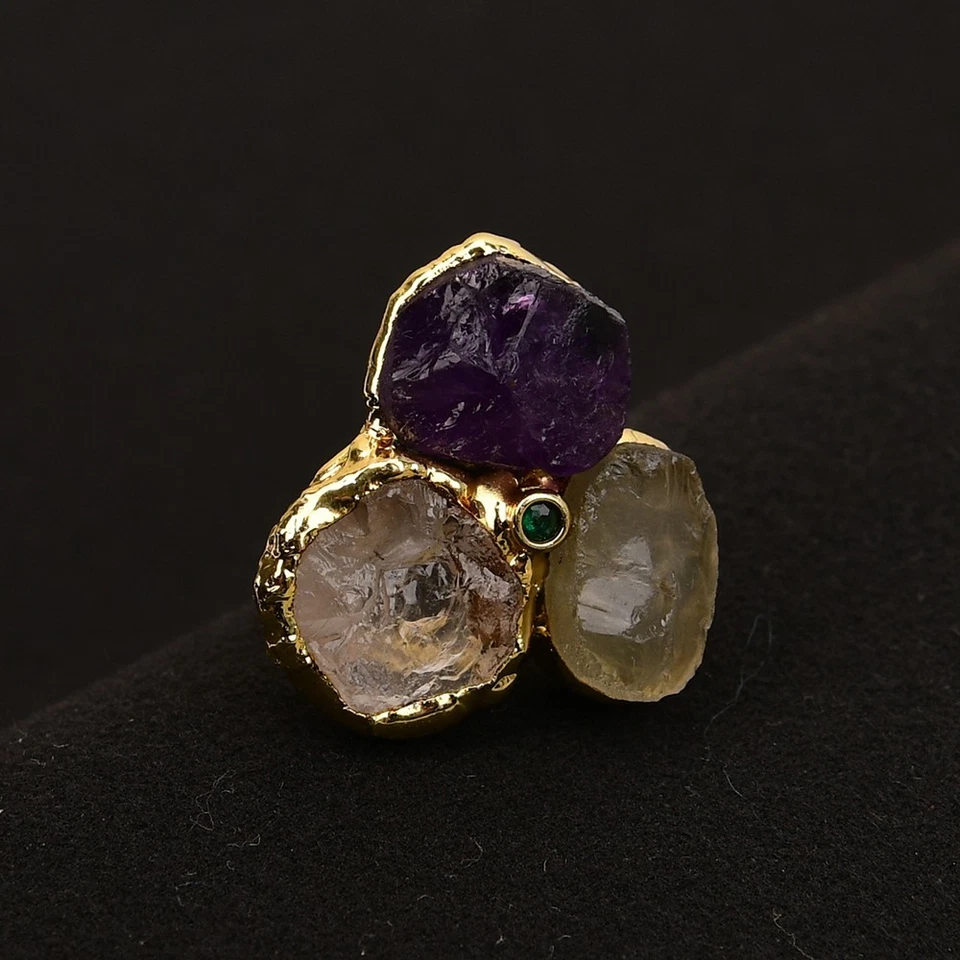 Anillos para mujer enchapados en oro citrino amarillo cuarzo amatista púrpura natural Foto 2 de 4