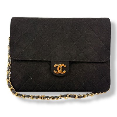 CHANEL CC Logo Quilted Cotton Black Single Flap Chain Shoulder Handbag