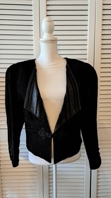 Madeleine Size 40/12 Black Genuine Leather Suade Jacket ornamental braid trim