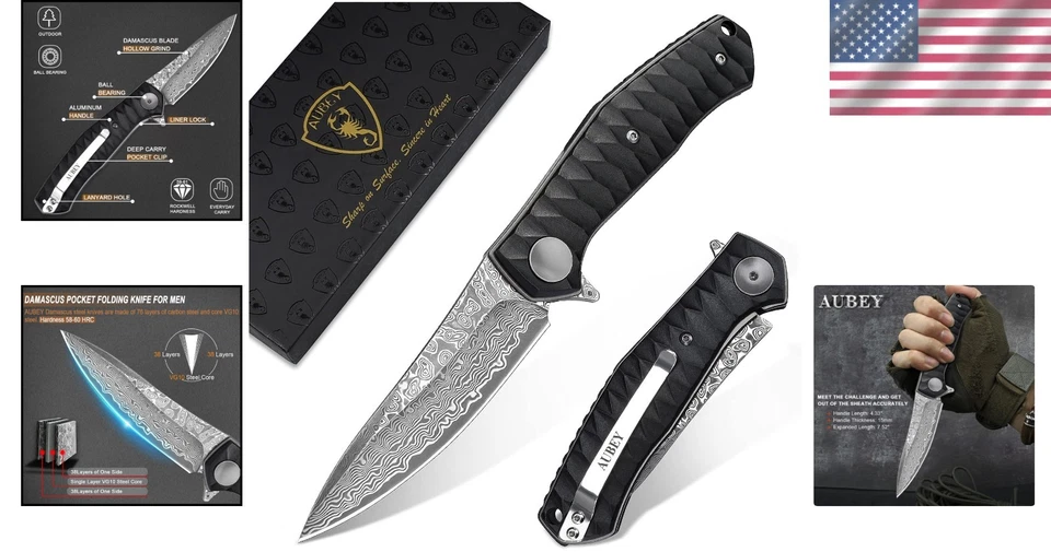 Cuchillo plegable ergonómico de acero Damasco para hombre - perfecto para caza y senderismo Foto 2 de 4