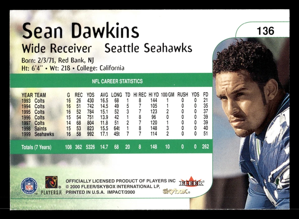 Sean Dawkins 2000 Impact #136 Seattle Seahawks - Image 2 of 2