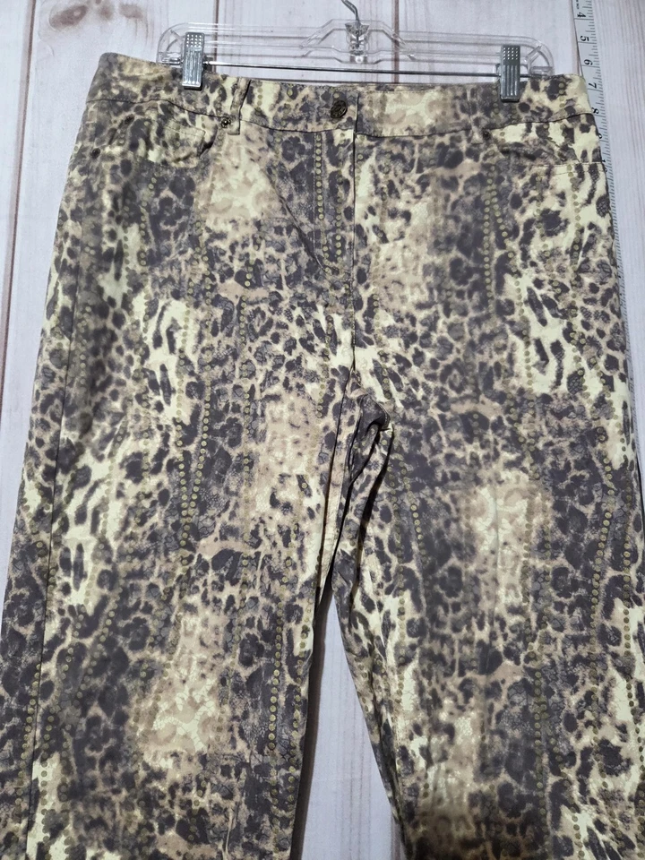 Peck & Peck Weekend Pants Womens 14 Brown Gold Animal Print Stretch Straight Leg - Image 2 of 4
