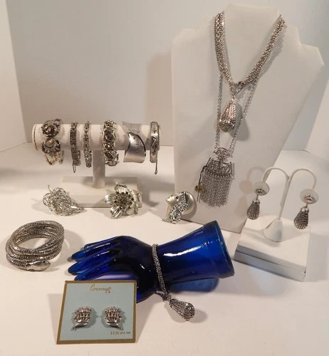 Vintage Costume Jewelry Lot - Silver Tones & Rhinestones, Coro Trifari Celebrity