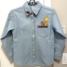 Vintage 1997 Looney Tunes Warner Bros Store Kids L Denim Shirt Tweety Bird Rare