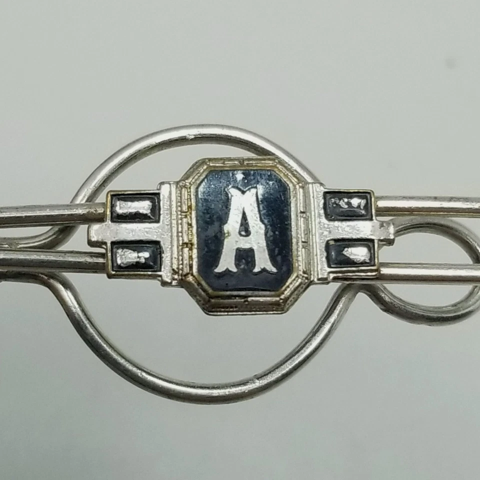 Vintage A Monogram Tie Clip Silver Tone Black Enamel Initial Letter - Image 2 of 4