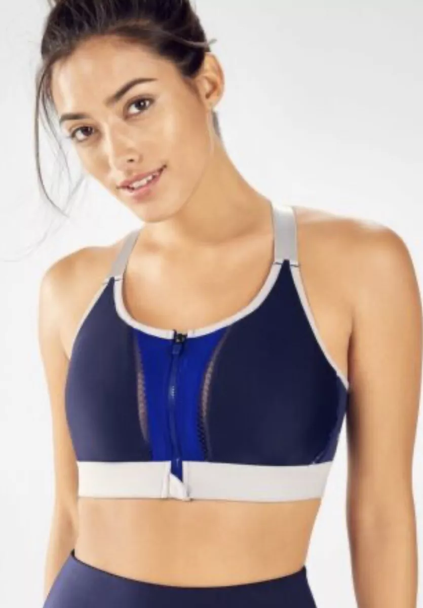 Fabletics Zoe High Impact Sport Bra Size XXS Navy Blue Grey Front Zip