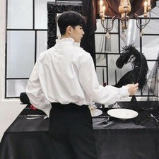 Men Gothic Shirt Top Victorian Ruffle Neck Cotton Punk Casual Vintage Retro New