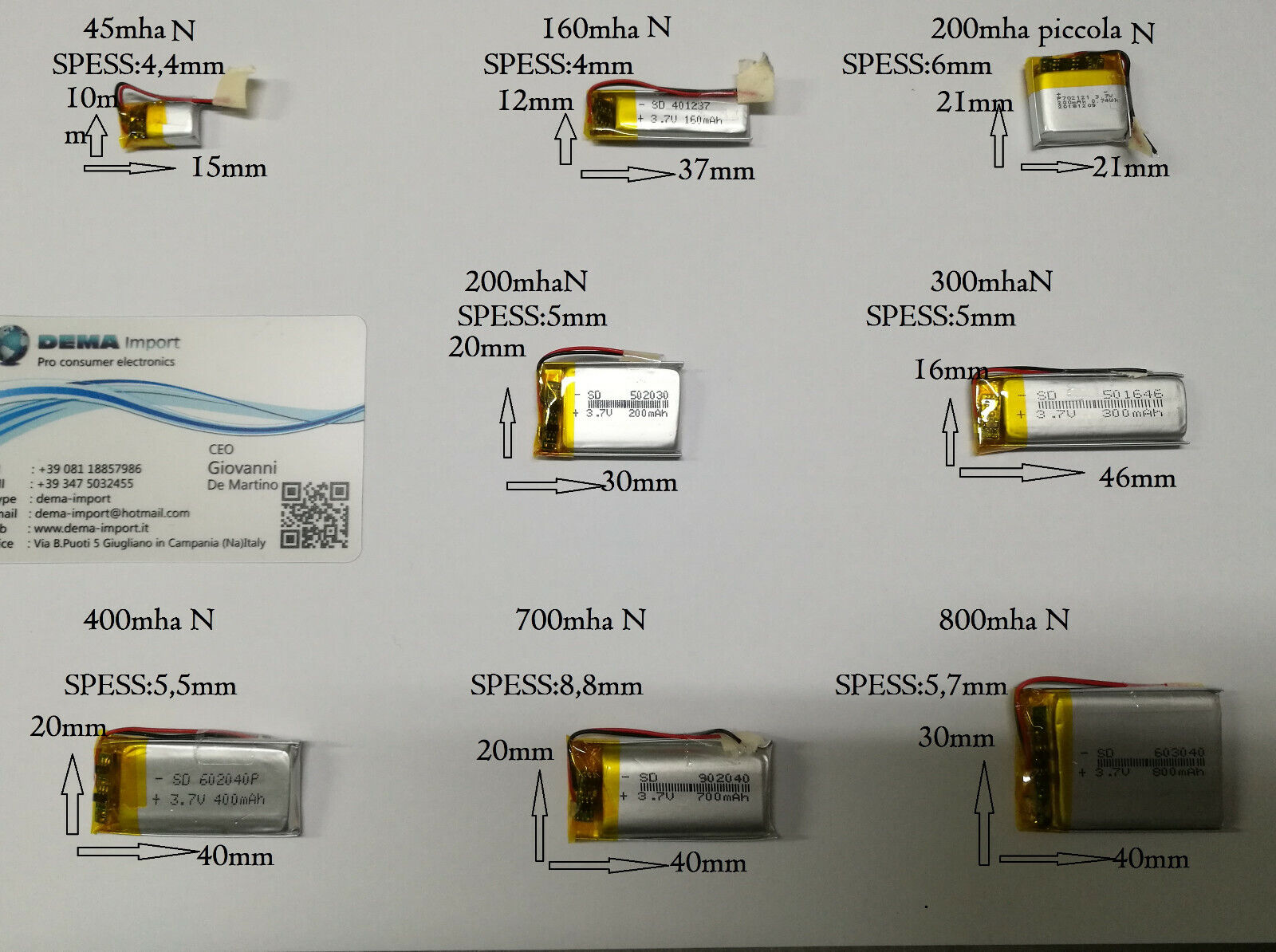 batterie a litio di polimeri varie mha 3,7 volt per dispositivi elettronici H