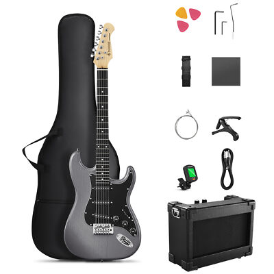 Donner DST-80 E-Gitarre Schwarz mit Holzmaserung SSS-Tonabnehmer mit Verstärker