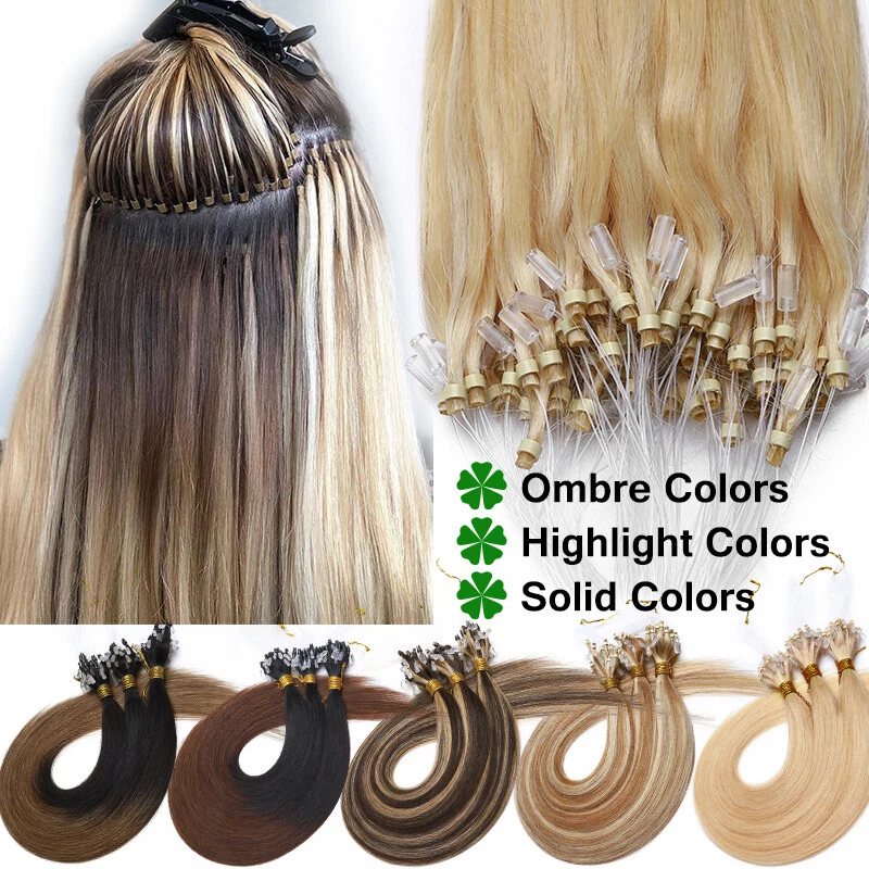 Micro Ring Loop Tips Real Remy Human Hair Extensions Micro Beads Link Full Head - Image 2 of 4