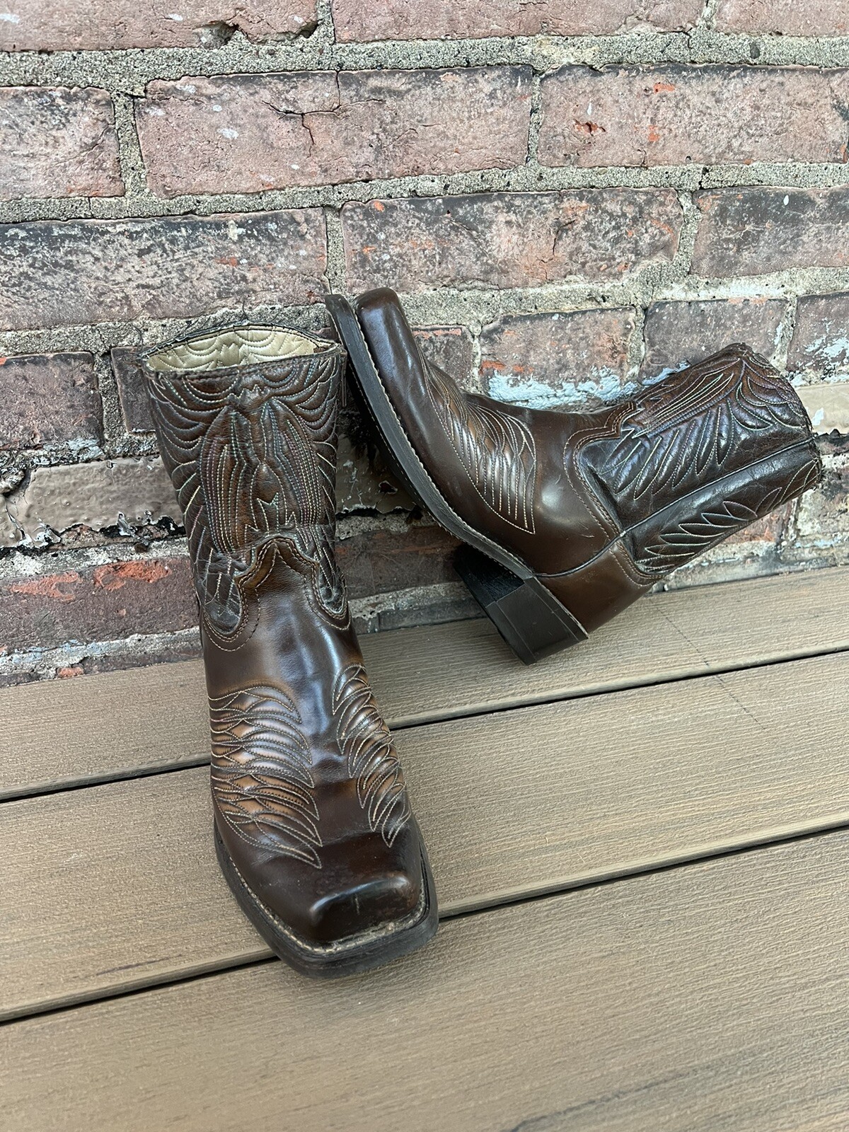 Vintage 1970s Brown Leather Cowboy Boots with Rainbow Stitching Square Toe Zip Men Size 9 D