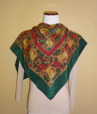 VTG Balenciaga Paris Green Background Multicolored Floral 100 Silk Square Scarf