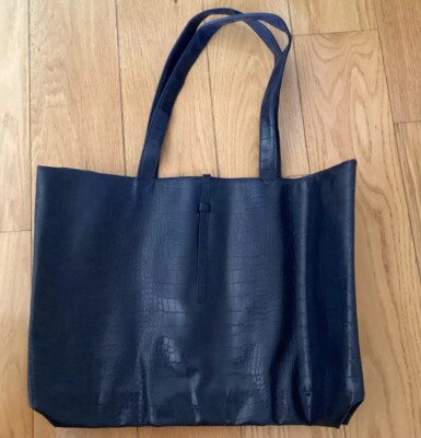 Saks Fifth Avenue Navy Faux Croc Leather Tote Bag NEW