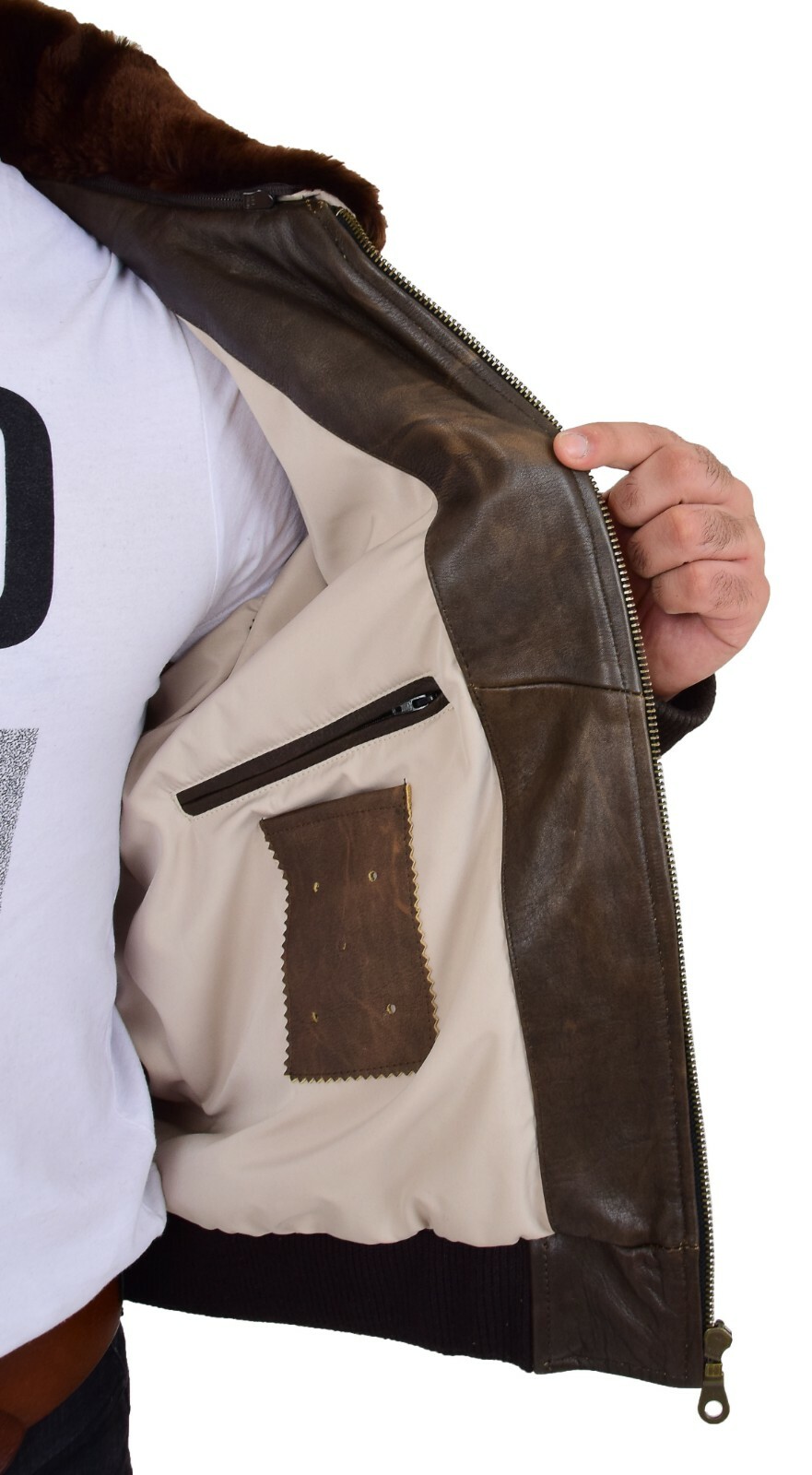 Mens Brown Vintage Leather Pilot Jacket Sheepskin Collar Top Gun Badges