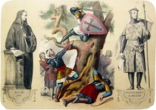 PHILIPPE AUGUSTE, SUGGESTO and LOUIS VII at the 2nd CRUSADE - 19th century color engraving