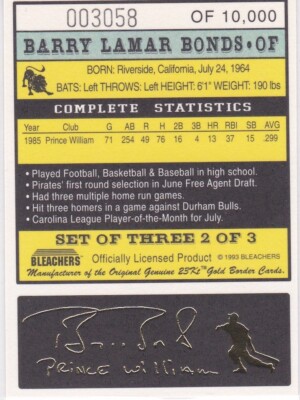 BARRY BONDS 23Kt GOLD Baseball Card Bleachers Giants PRINCE