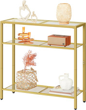 3-Tier Gold Console Table, Tempered Glass Sofa Table, Narrow Side Table, Modern