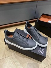 Men ZEGNA Triple Stitch Secondskin Sneakers Gray Calf Leather Slip Casual Shoes