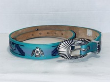 Hand Tooled Aztec Turquoise Southwestern Eagle Teal Leather Belt Size 30 Womens