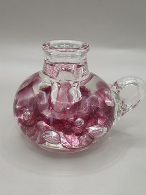 Joe Rice Art Glass Candlestick Holder Paperweight Pink Cranberry Floral