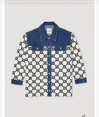 Sandro Women s Geometric Shacket Jacket M Blue/White/Black Button Front