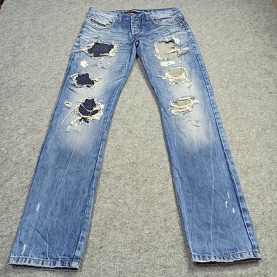 Cipo & Baxx Herren Jeans W29 L32 Blau Eng Gerade Zerstört Zerrissen Knöpfe 29x32