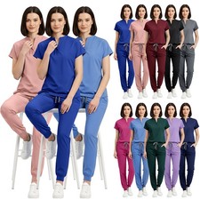 Multi-Pocket Medical Scrub Uniform Set with Top Joggers - Fashion Women Scrubs