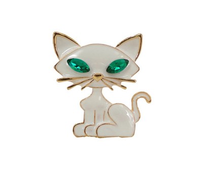 Brosche weiß grünäugig sitzende Katze Geschenk für Katzenliebhaber Frauen Geburtstag