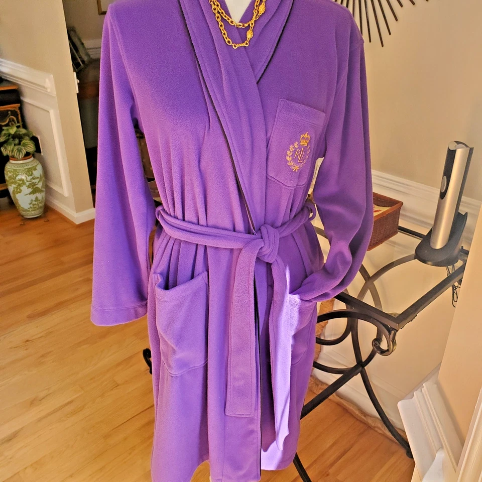 Ralph Lauren Púrpura Bata Envolvente Poliéster Dorado CORONA Monograma Bolsillo en el Pecho Foto 4 de 4