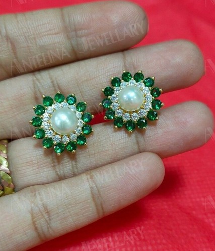 4.00Ct White Pearl with Emerald Halo Flower Stud Earrings 14k Yellow Gold Over - Picture 7 of 9