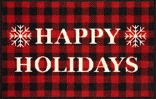 PRINTED KITCHEN RUG nonskid 17"x27" CHRISTMAS,HAPPY HOLIDAYS ON RED  BLACK,OW