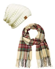 Wrapables Plaid Print Long Winter Warm One Size, Red / Green + Cream Beanie 