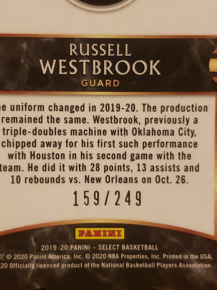 2019-20 Select Premier Level #197 Russell Westbrook Rockets BLUE DIE-CUT 159/249 - Imagem 3 de 3