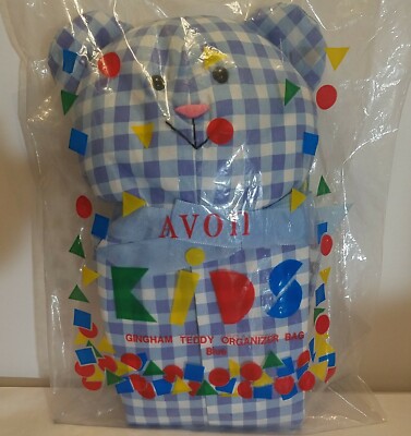 Vintage AVON Gingham Teddy Bear Organizer Bag Blue Baby Nursery NEW Sealed