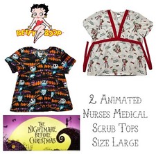 2 Medical Nurses Scrub Tops Betty Boop  The Nightmare Before Xmas Womens Large