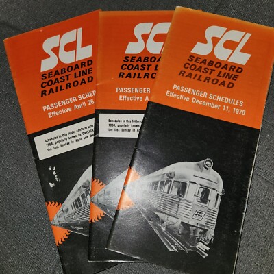 Drei Oldtimer SCL Seaboard Coast Line Passagierfahrpläne von 1970 Werbung