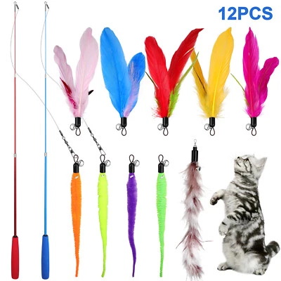 EEEKITONLINE 12Pcs Retractable Cat Interactive Toy Feather Kitten Teaser Indoor Play Toy Gift