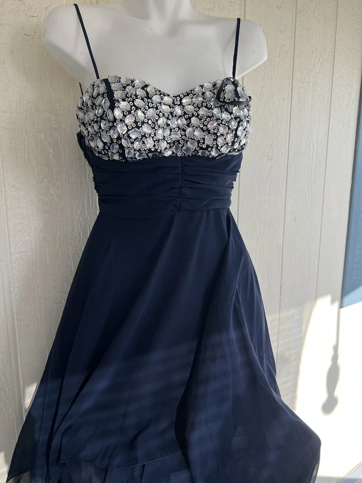 VESTIDO DE GRADUACIÓN DE Mujer B. DARLIN Azul Talla 1/2 Espalda Alta/Baja, HERMOSO Foto 3 de 4