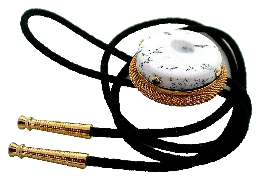 84 Carat Dendridic 37mm White Opal Cab Gold Color Mesh Bolo Tie Cord Tip EPBT407 - Изображение 2 из 3