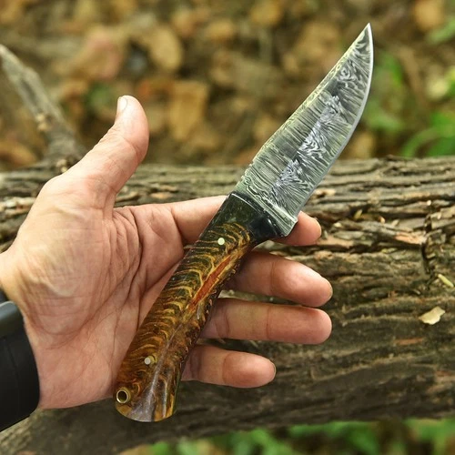 8.5" Damascus Steel Blade Pine Cone Corelon Handle Hunting Handmade EDC Knife