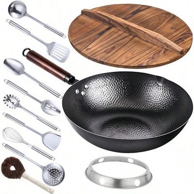 12.6'' Carbon Steel Wok Pan With Wooden Lid & 10Pcs Utensil Set Stir Fry Skillet