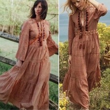 Doen Prem Midi Dress Orange Tassel Long Sleeve Embroidered V Neck Rare Size M