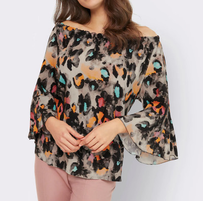 760053- Heine Damen Bluse Carmenbluse  sesam - mandarine - bedruckt NEU Gr. 36