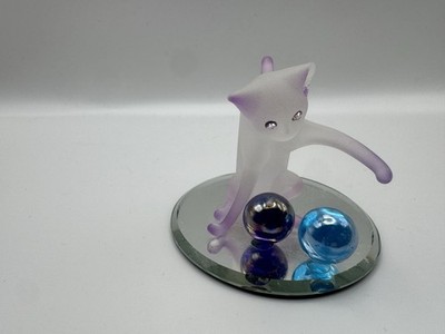 Glass Baron Cat Figurine Frosted Purple Art Glass Rhinestone Eyes 1996 w Marbles